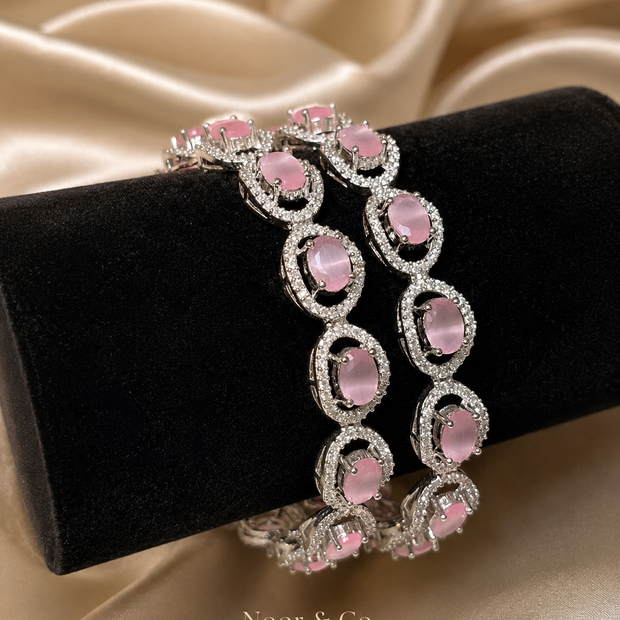 Silver Pink Cat Eye Tennis Bangle Pair | CZ Crystal Bangles | Elegant Pakistani