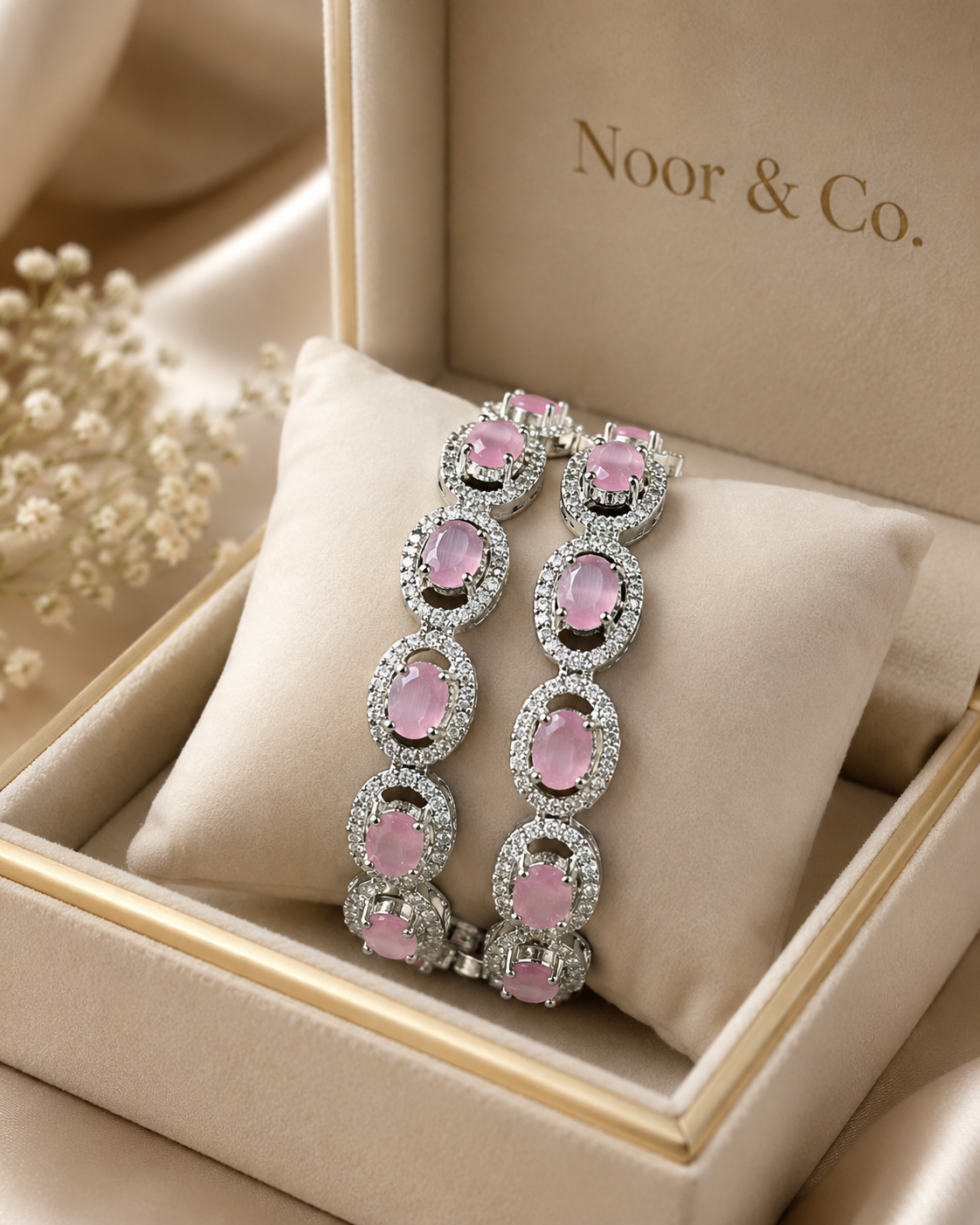 Silver Pink Cat Eye Tennis Bangle Pair | CZ Crystal Bangles | Elegant Pakistani