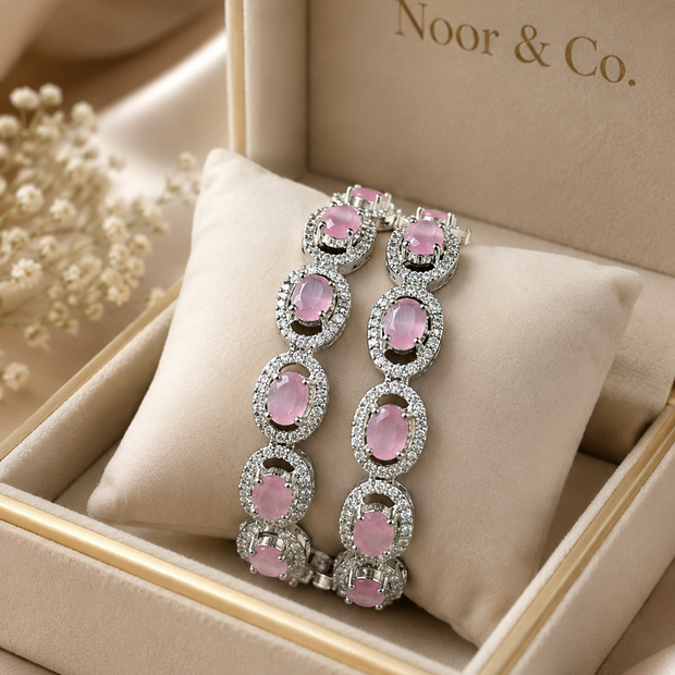 Silver Pink Cat Eye Tennis Bangle Pair | CZ Crystal Bangles | Elegant Pakistani