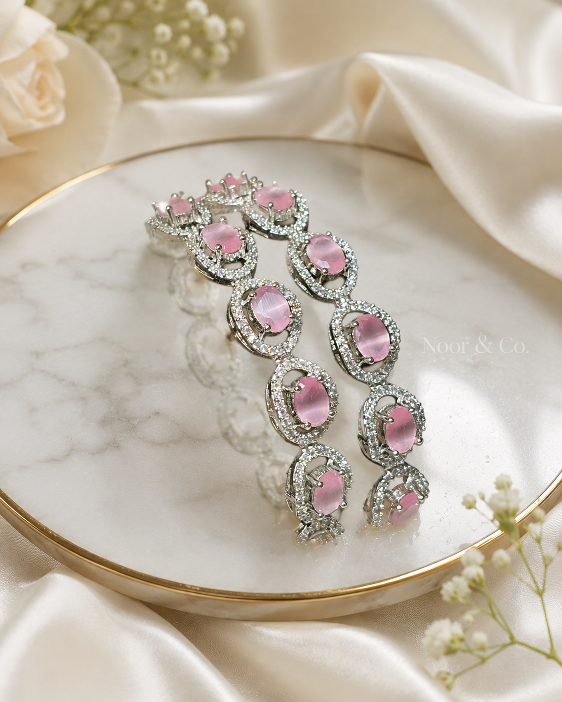 Silver Pink Cat Eye Tennis Bangle Pair | CZ Crystal Bangles | Elegant Pakistani