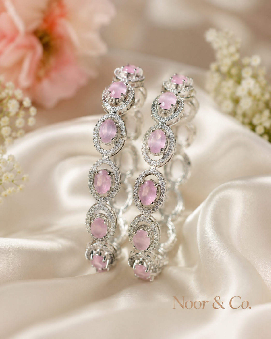 Silver Pink Cat Eye Tennis Bangle Pair | CZ Crystal Bangles | Elegant Pakistani