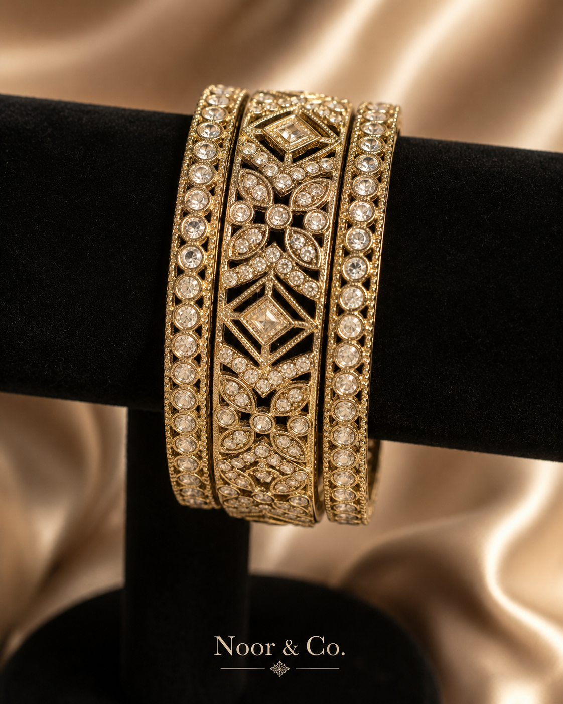 Gold Vintage CZ Bangle Set | 3-Piece Crystal Bridal Bangles | Pakistani Indian