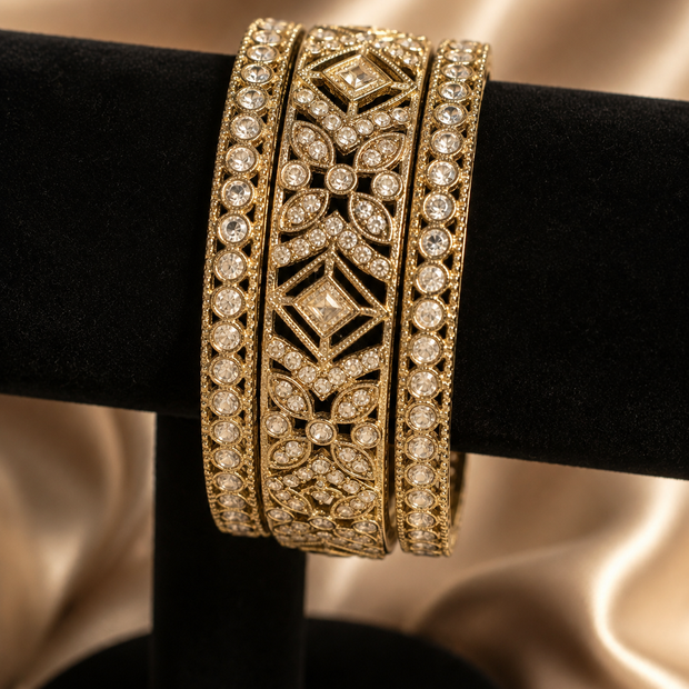 Gold Vintage CZ Bangle Set | 3-Piece Crystal Bridal Bangles | Pakistani Indian