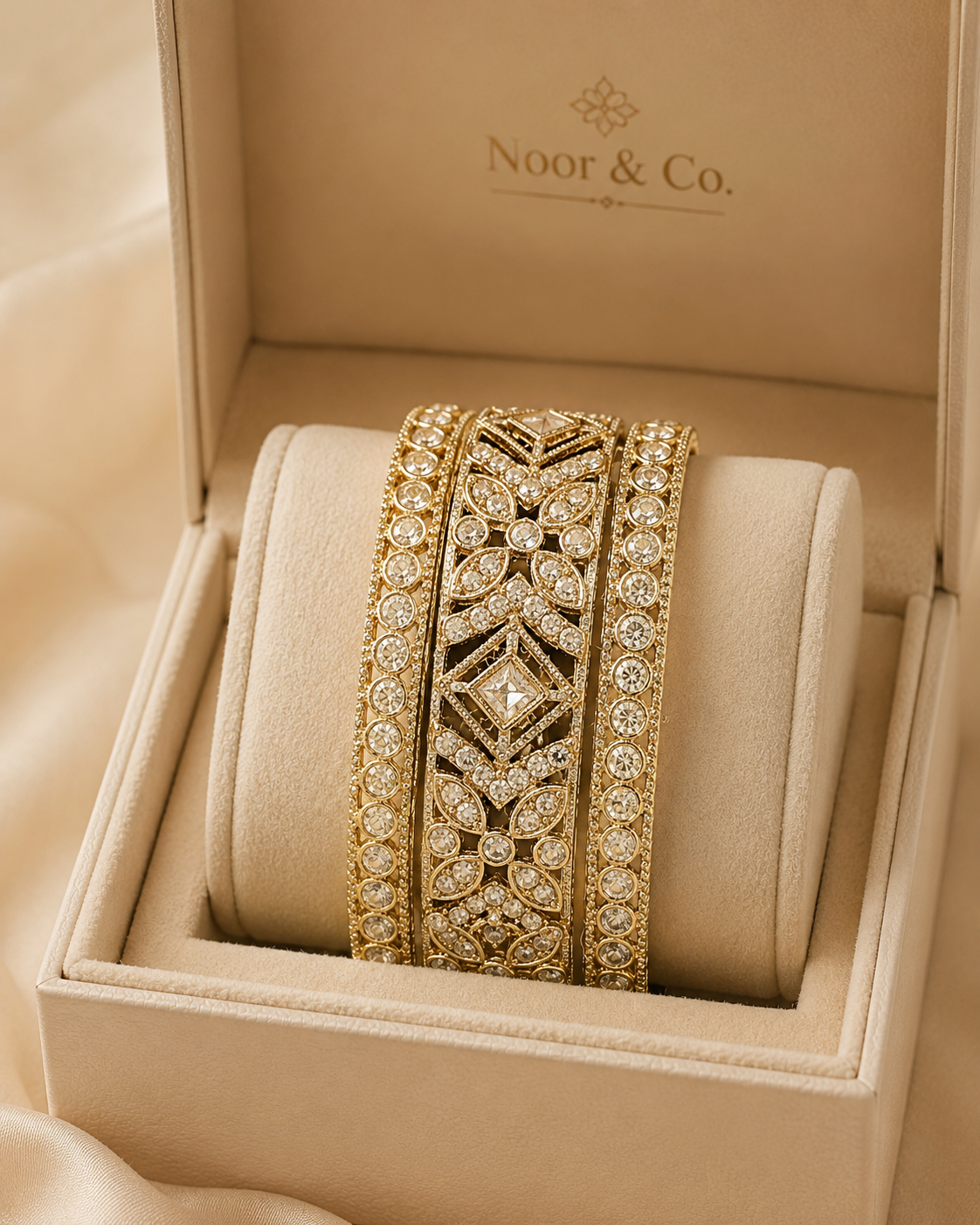 Gold Vintage CZ Bangle Set | 3-Piece Crystal Bridal Bangles | Pakistani Indian