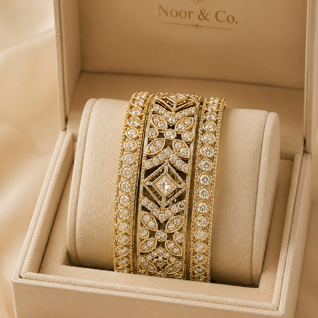 Gold Vintage CZ Bangle Set | 3-Piece Crystal Bridal Bangles | Pakistani Indian