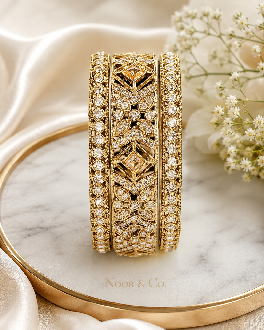 Gold Vintage CZ Bangle Set | 3-Piece Crystal Bridal Bangles | Pakistani Indian