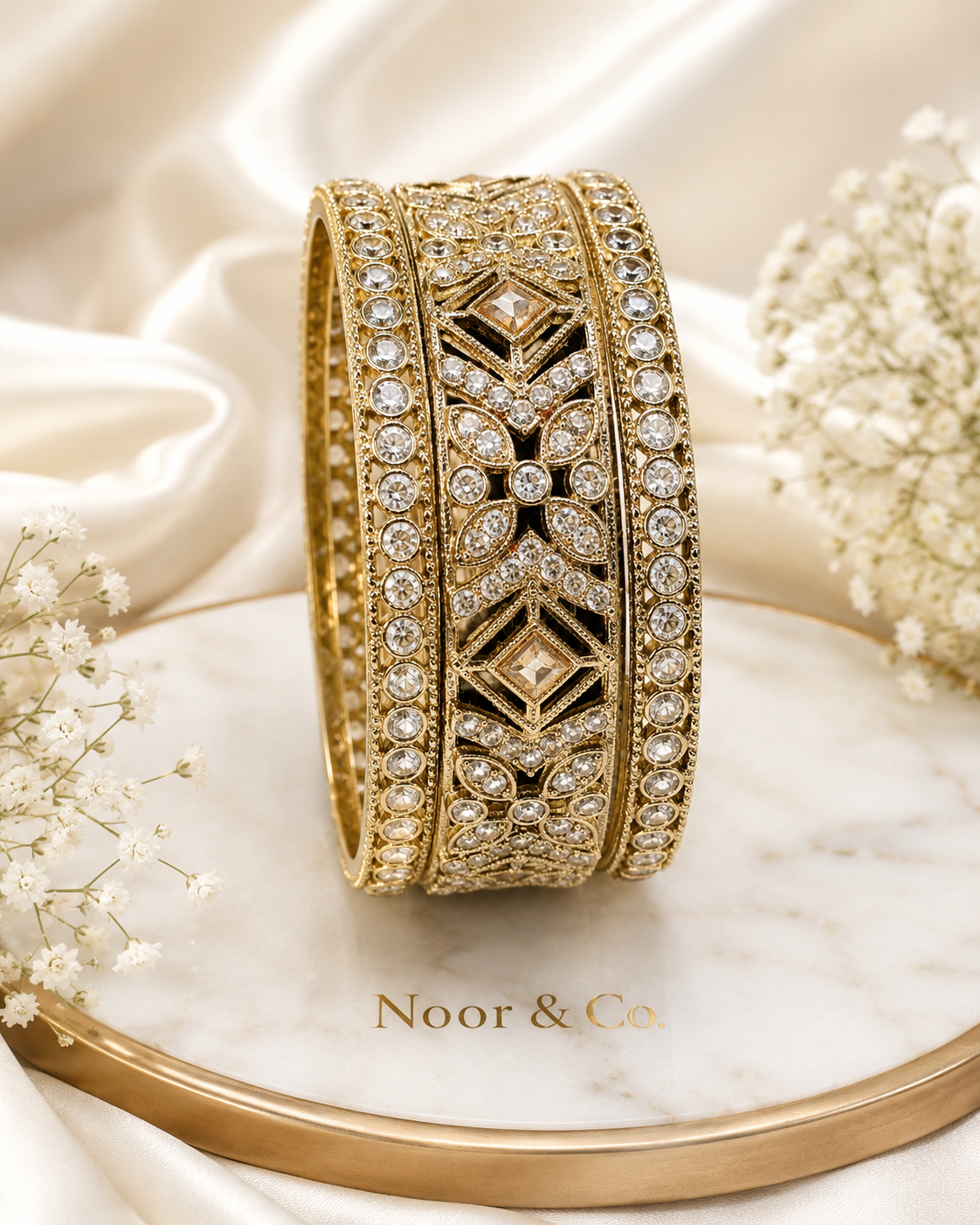 Gold Vintage CZ Bangle Set | 3-Piece Crystal Bridal Bangles | Pakistani Indian