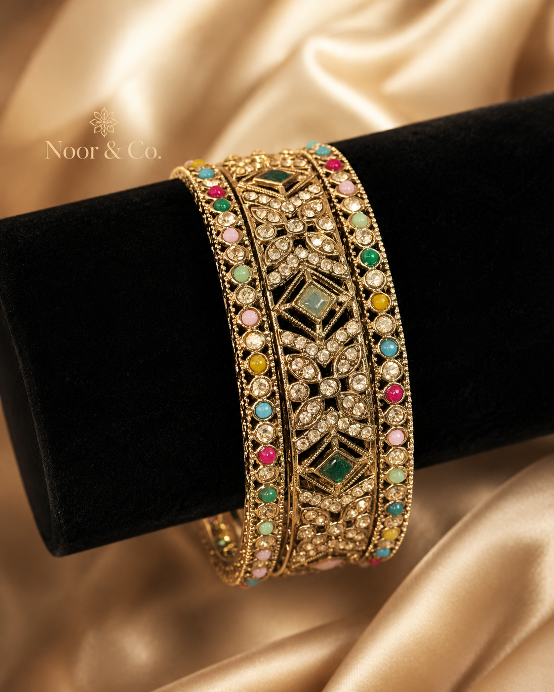 Gold Multicolor Kundan Bangle Set | 3-Piece Bridal Bangles | Pakistani Indian