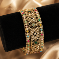 Gold Multicolor Kundan Bangle Set | 3-Piece Bridal Bangles | Pakistani Indian