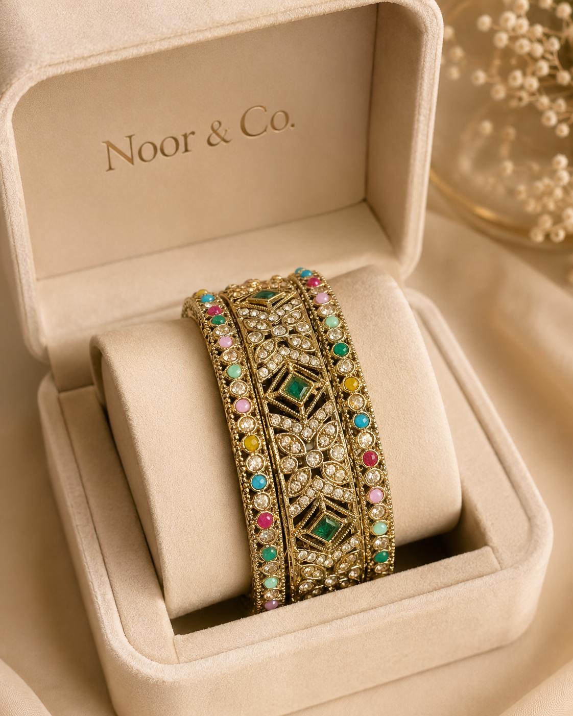 Gold Multicolor Kundan Bangle Set | 3-Piece Bridal Bangles | Pakistani Indian