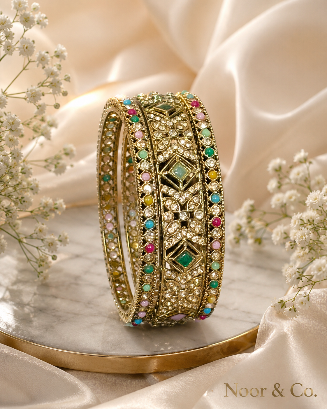 Gold Multicolor Kundan Bangle Set | 3-Piece Bridal Bangles | Pakistani Indian