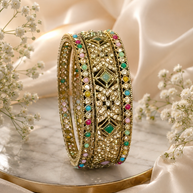 Gold Multicolor Kundan Bangle Set | 3-Piece Bridal Bangles | Pakistani Indian