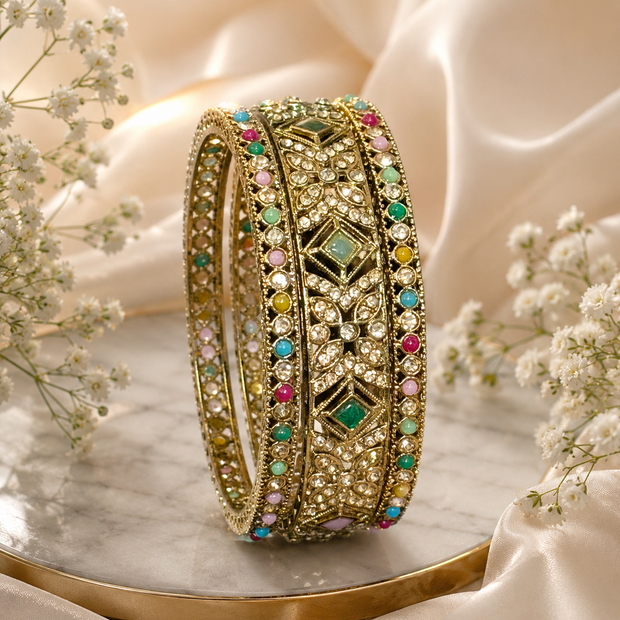 Gold Multicolor Kundan Bangle Set | 3-Piece Bridal Bangles | Pakistani Indian