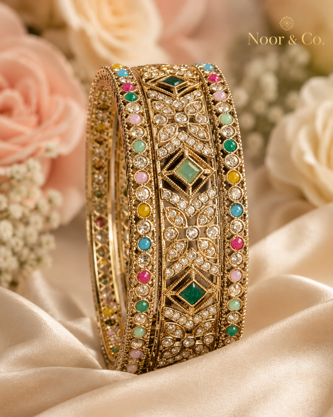 Gold Multicolor Kundan Bangle Set | 3-Piece Bridal Bangles | Pakistani Indian