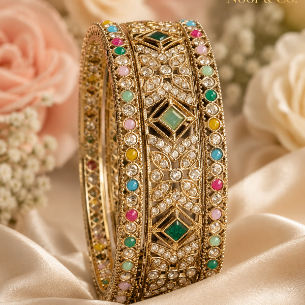 Gold Multicolor Kundan Bangle Set | 3-Piece Bridal Bangles | Pakistani Indian