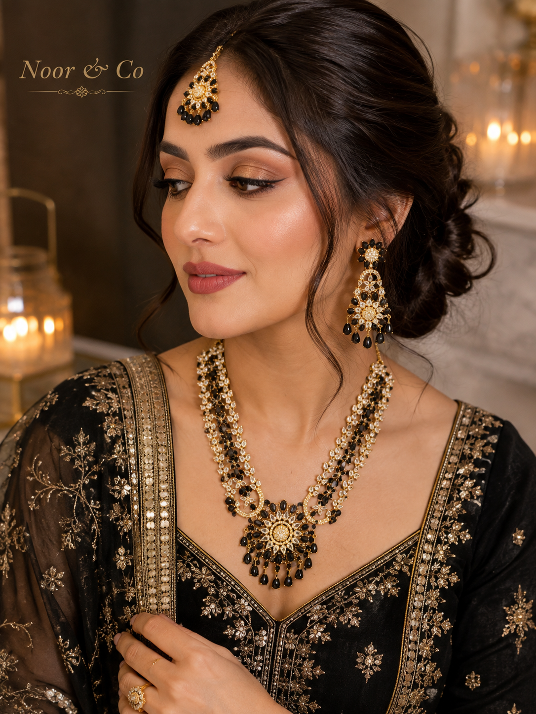 Zara Black American Diamond Bridal Necklace Set with Tikka