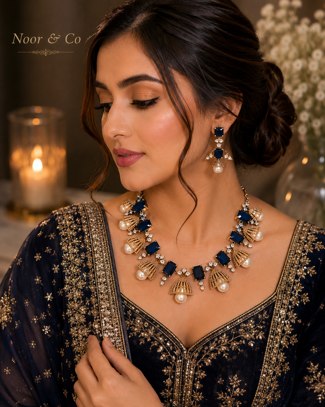 Safiya Navy Blue Pearl Jhumka Necklace Set