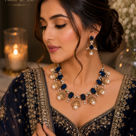Safiya Navy Blue Pearl Jhumka Necklace Set