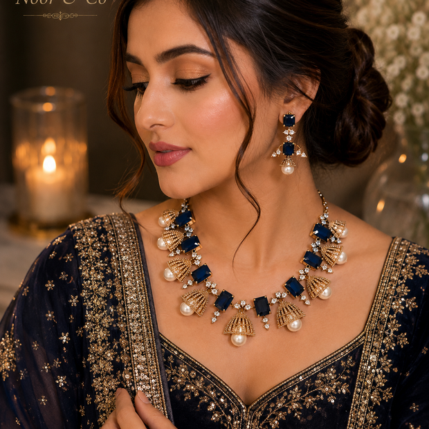Safiya Navy Blue Pearl Jhumka Necklace Set
