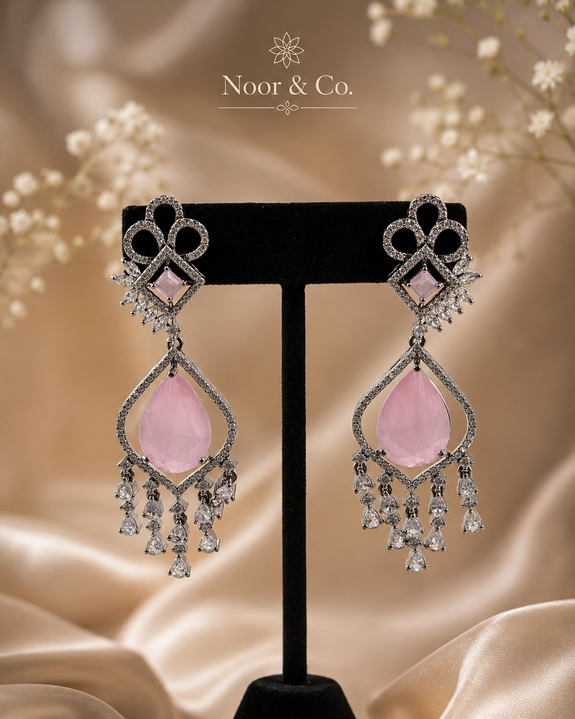 Blush Pink Crystal Chandelier Earrings | Pakistani & Indian Statement Earrings |