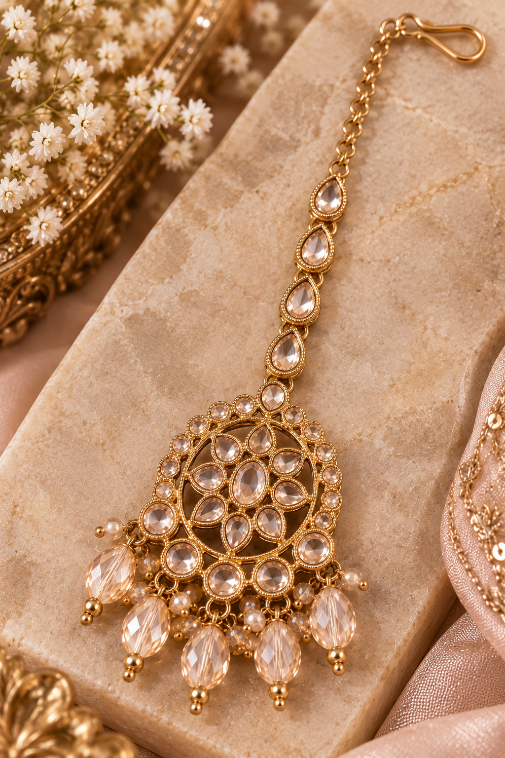 Champagne Kundan Earrings & Tikka Set – Gold Tone Bridal Statement Jewelry