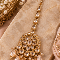Champagne Kundan Earrings & Tikka Set – Gold Tone Bridal Statement Jewelry