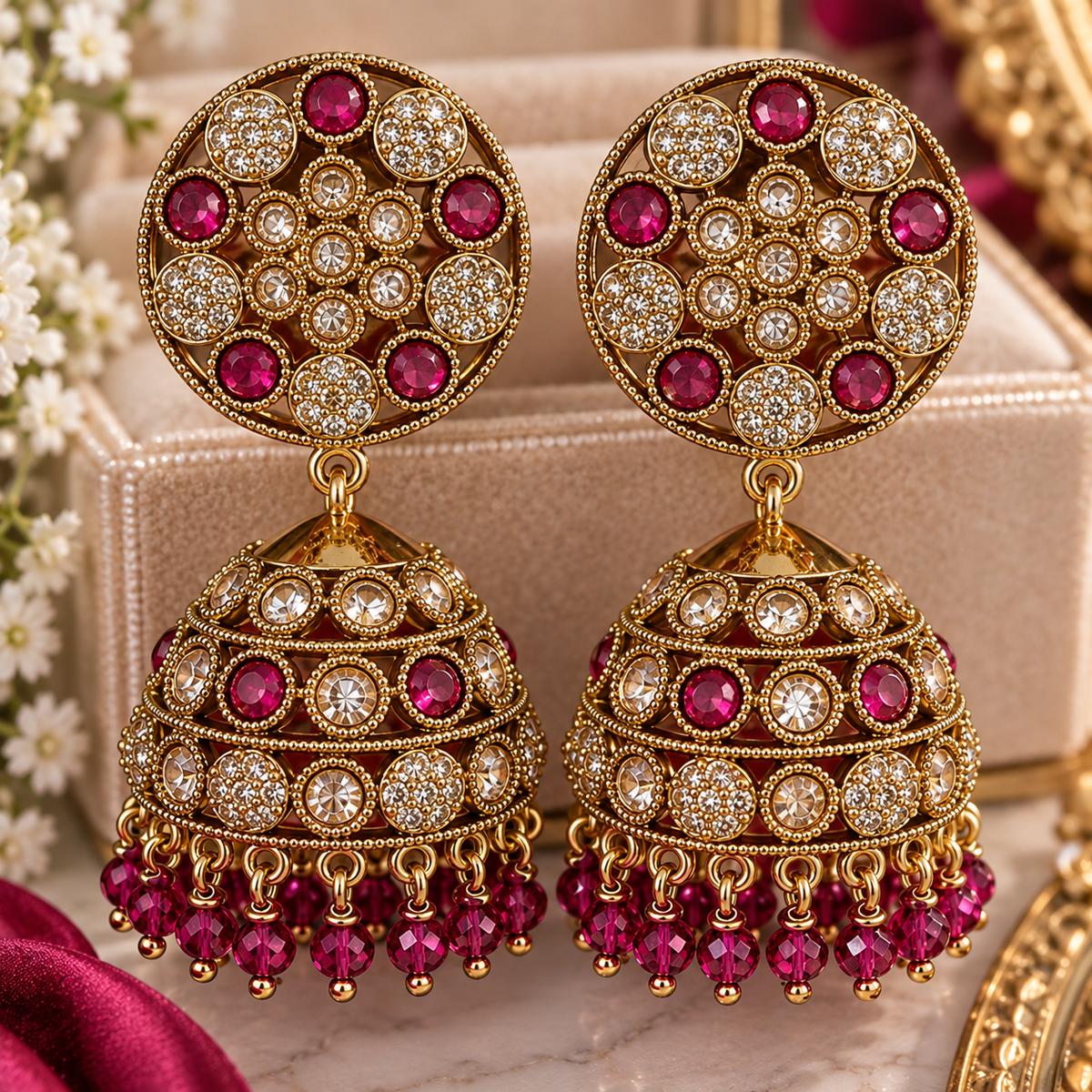 Antique Gold Ruby Pink Jhumka Earrings – Crystal Stone Statement Earrings