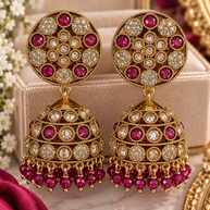 Antique Gold Ruby Pink Jhumka Earrings – Crystal Stone Statement Earrings