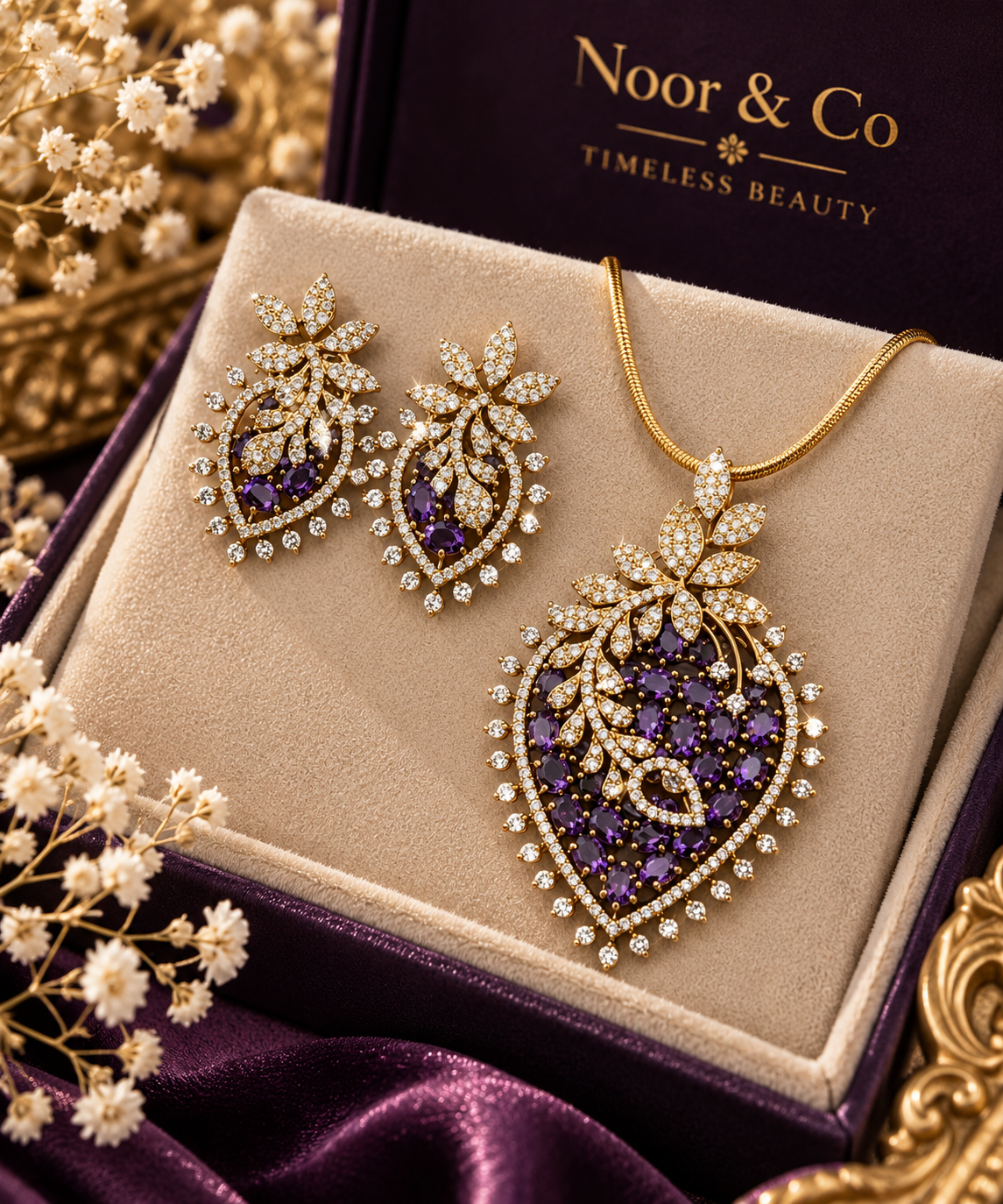 Purple/ Green Crystal Pendant & Earrings Set with Chain – Gold Tone Statement Jewelry