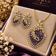 Purple/ Green Crystal Pendant & Earrings Set with Chain – Gold Tone Statement Jewelry
