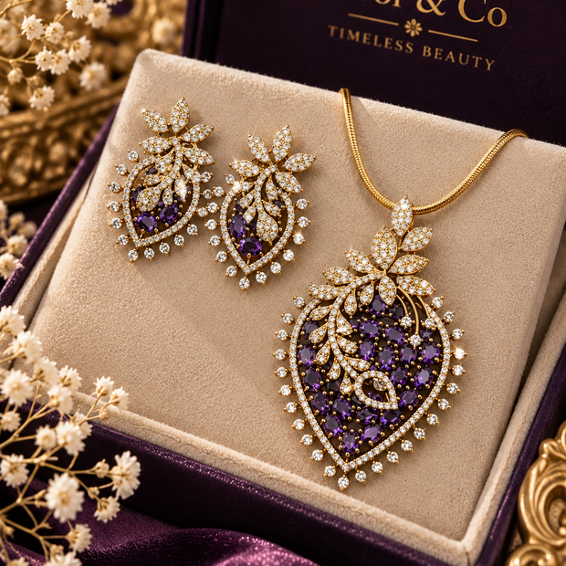 Purple/ Green Crystal Pendant & Earrings Set with Chain – Gold Tone Statement Jewelry