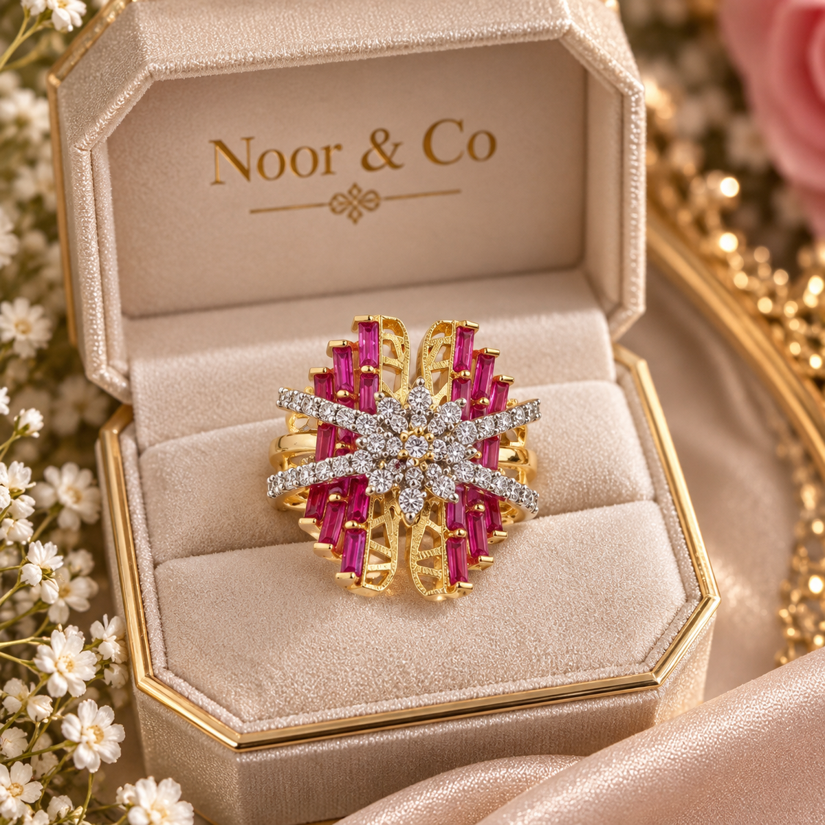 Fuchsia Pink Baguette CZ Statement Ring – Gold Tone Floral Cocktail Ring Adjustable