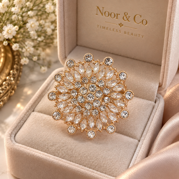 Elegant Crystal Floral Statement Ring – Gold Tone Sparkling Cocktail Ring
