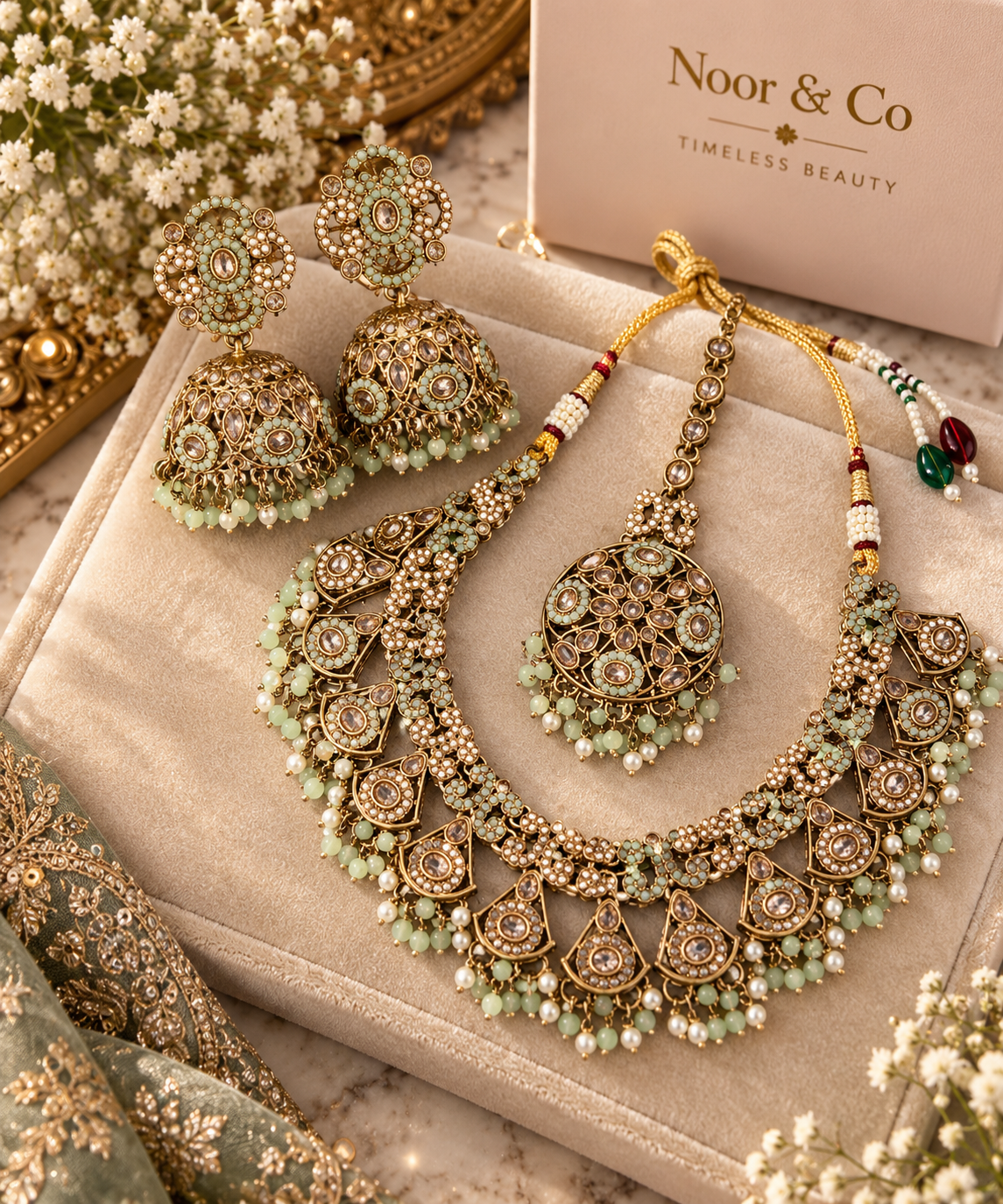 Mint Green Kundan Necklace Set with Jhumka Earrings & Tikka – Pearl Bridal Jewelry