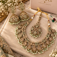 Mint Green Kundan Necklace Set with Jhumka Earrings & Tikka – Pearl Bridal Jewelry