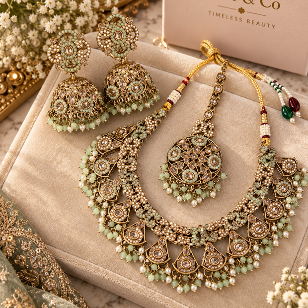 Mint Green Kundan Necklace Set with Jhumka Earrings & Tikka – Pearl Bridal Jewelry