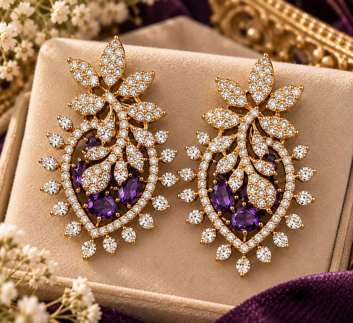 Purple/ Green Crystal Pendant & Earrings Set with Chain – Gold Tone Statement Jewelry