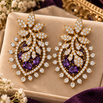 Purple/ Green Crystal Pendant & Earrings Set with Chain – Gold Tone Statement Jewelry