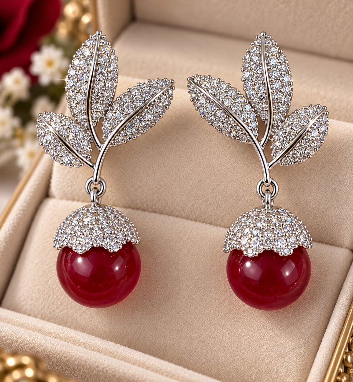Ruby Red Drop Earrings with Sparkling Leaf Design | Elegant Statement Earrings