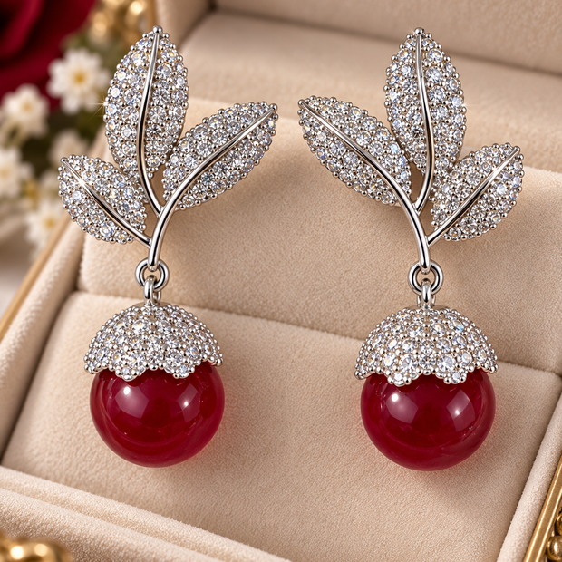 Ruby Red Drop Earrings with Sparkling Leaf Design | Elegant Statement Earrings