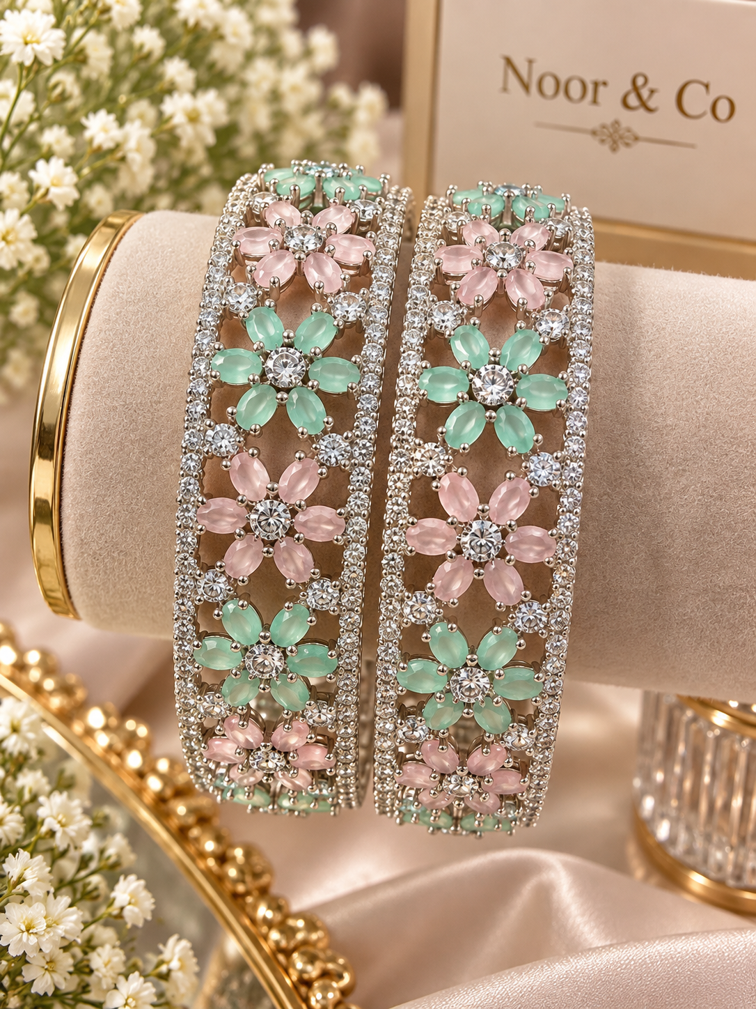 Pastel Pink & Mint Floral CZ Bangle Set – Silver Tone Statement Bangles Size 2.8
