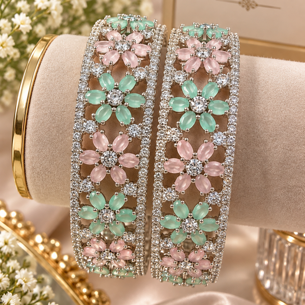 Pastel Pink & Mint Floral CZ Bangle Set – Silver Tone Statement Bangles Size 2.8