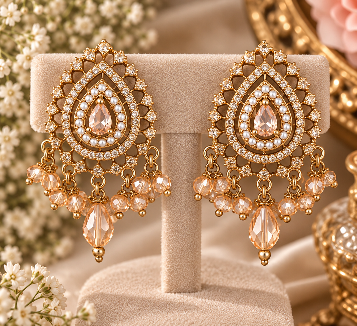 Champagne Crystal Earring & Tikka Set – Gold Tone Bridal Jewelry