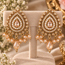 Champagne Crystal Earring & Tikka Set – Gold Tone Bridal Jewelry