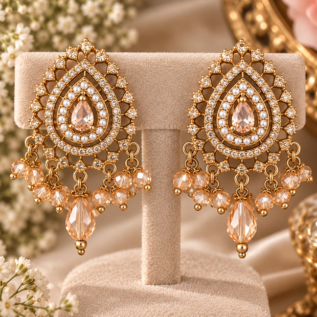 Champagne Crystal Earring & Tikka Set – Gold Tone Bridal Jewelry