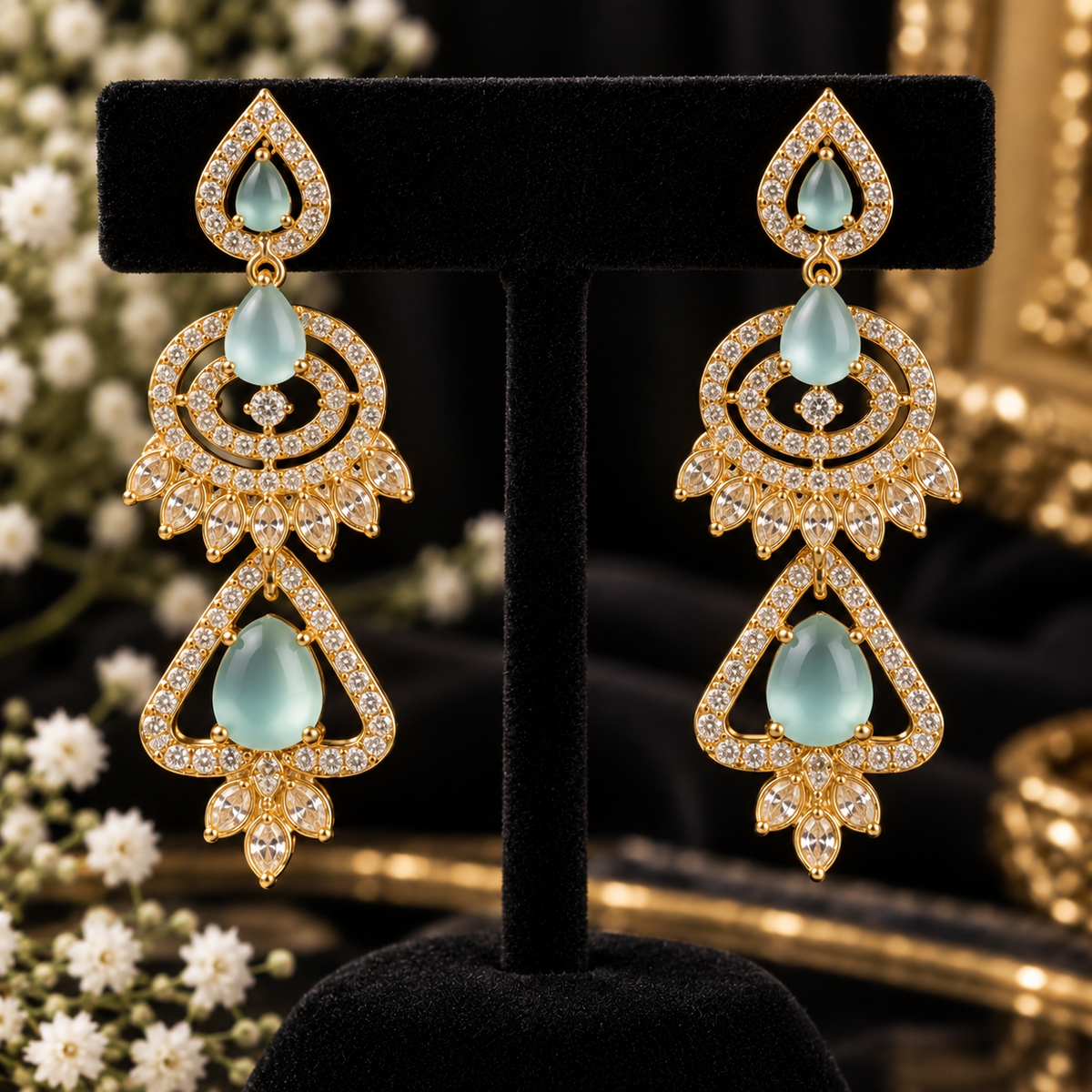 Mint Green CZ Necklace & Earrings Set Silver Tone Pakistani Jewelry