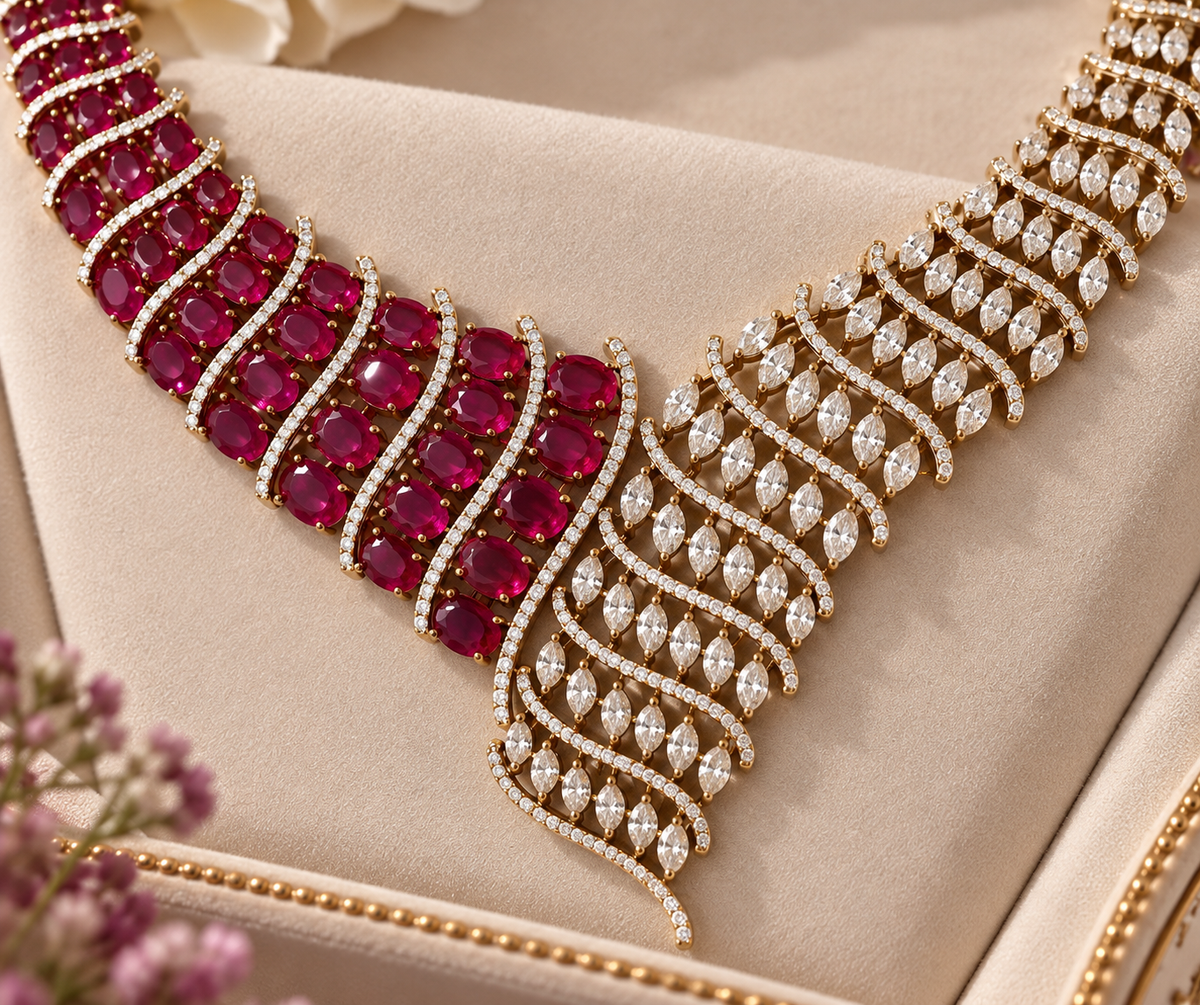 Ruby Red & Clear Stone Statement Necklace Set with Matching Drop Earrings | Elegant Wedding & Party Jewelry