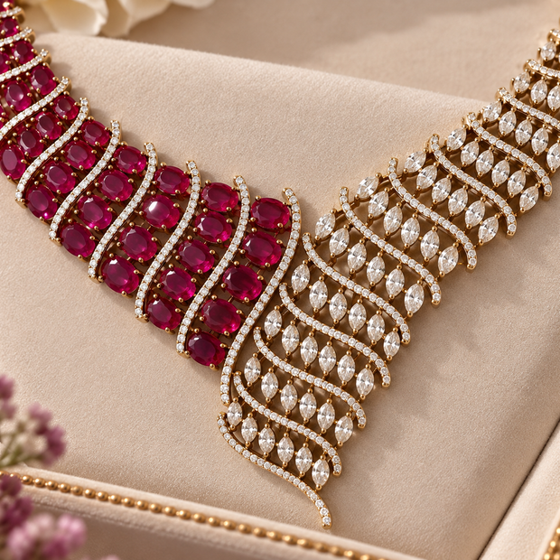 Ruby Red & Clear Stone Statement Necklace Set with Matching Drop Earrings | Elegant Wedding & Party Jewelry