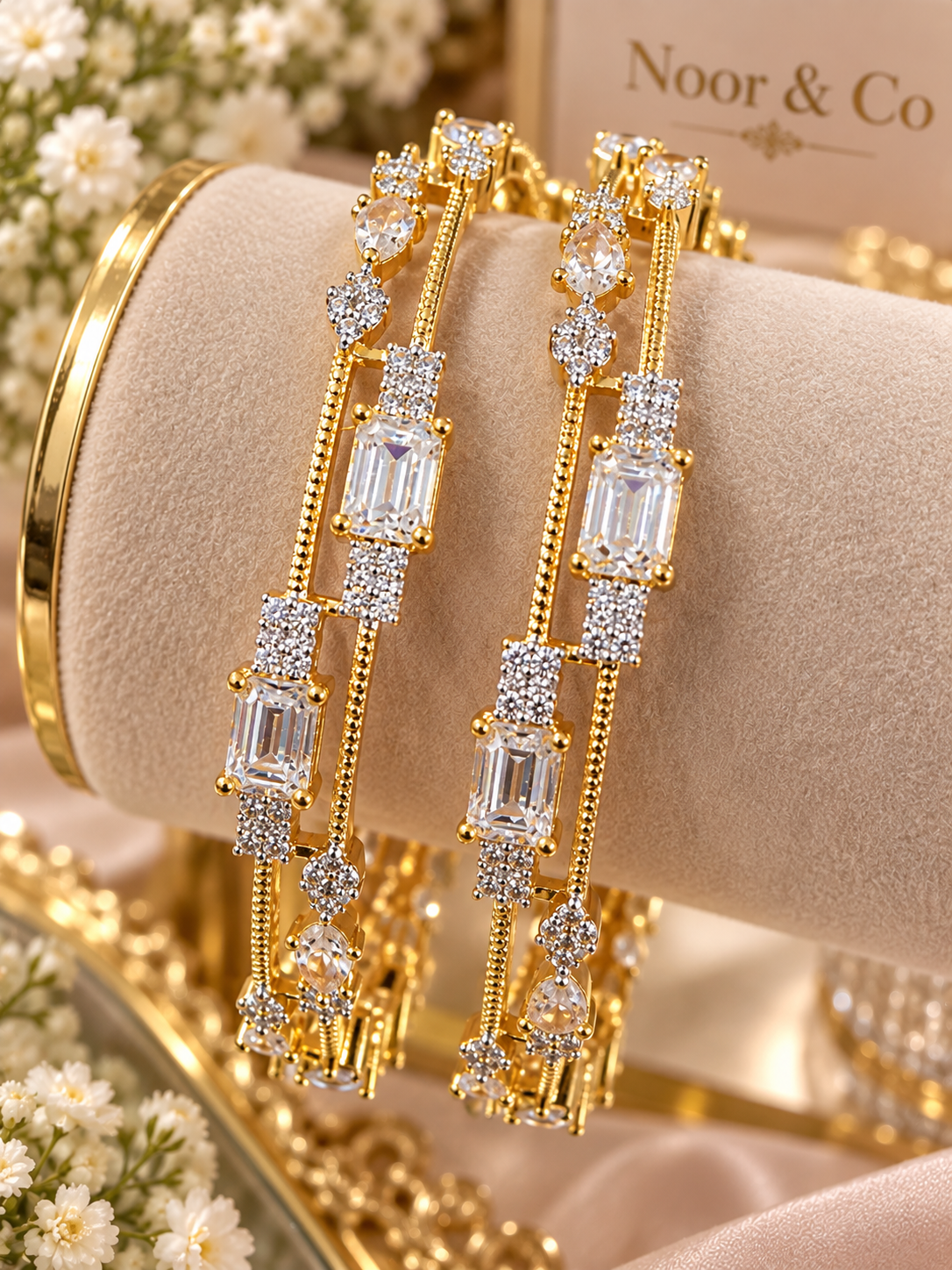 Luxury Gold-Tone CZ Bangle Set – Emerald Cut & Pear Stone Statement Bangles-size 2.10