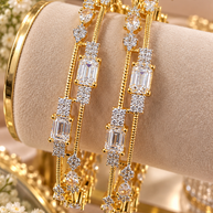 Luxury Gold-Tone CZ Bangle Set – Emerald Cut & Pear Stone Statement Bangles-size 2.10
